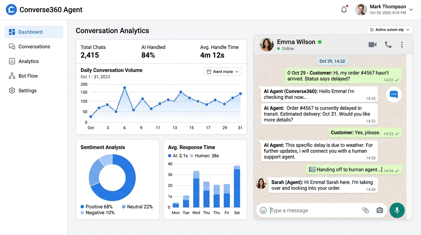 Converse360 Agent — AI agents answering enquiries day and night, and handing a conversation to the team when it matters