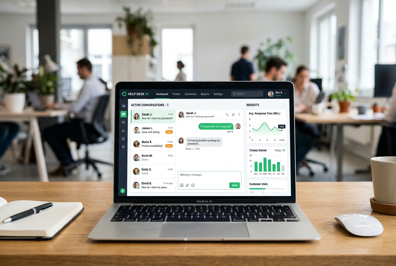 The Converse360 inbox open on a laptop, with response times and tickets solved beside the conversation