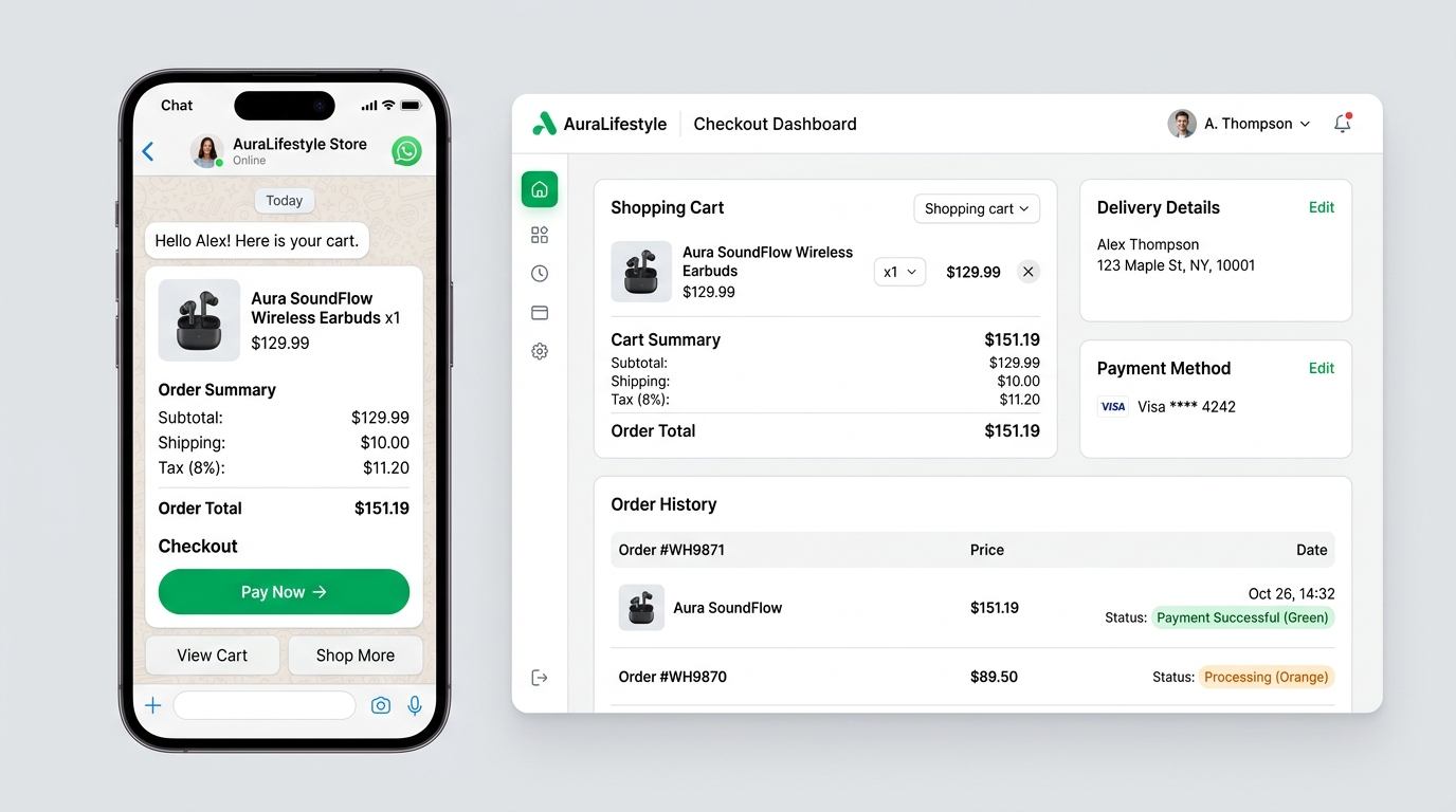 WhatsApp Commerce — seamless product checkout, catalog browsing, and automated transactions directly inside WhatsApp
